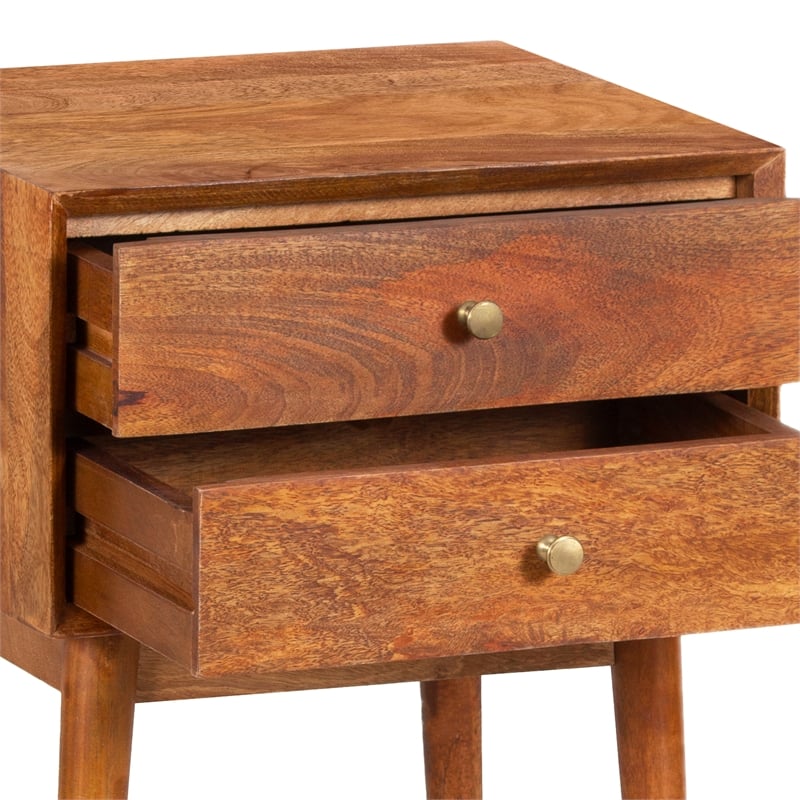 Nali Bedside Nightstand Table- 2 Drawers- Natural Brown Mango Wood- Brass Knobs