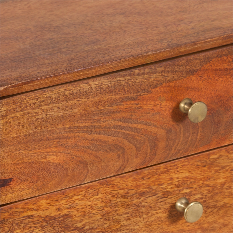 Nali Bedside Nightstand Table- 2 Drawers- Natural Brown Mango Wood- Brass Knobs