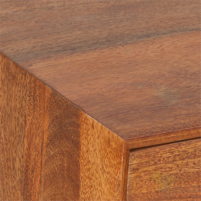 Nali Bedside Nightstand Table- 2 Drawers- Natural Brown Mango Wood- Brass Knobs