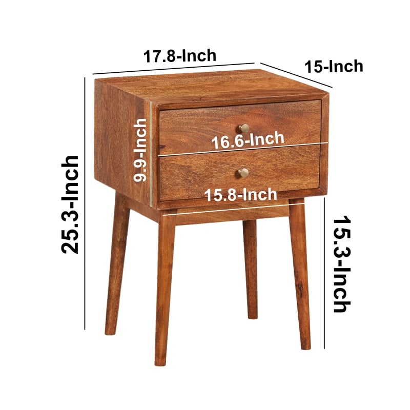 Nali Bedside Nightstand Table- 2 Drawers- Natural Brown Mango Wood- Brass Knobs