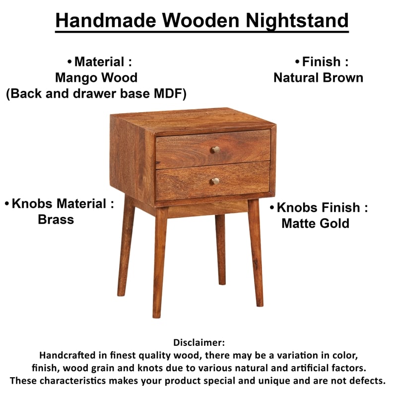Nali Bedside Nightstand Table- 2 Drawers- Natural Brown Mango Wood- Brass Knobs