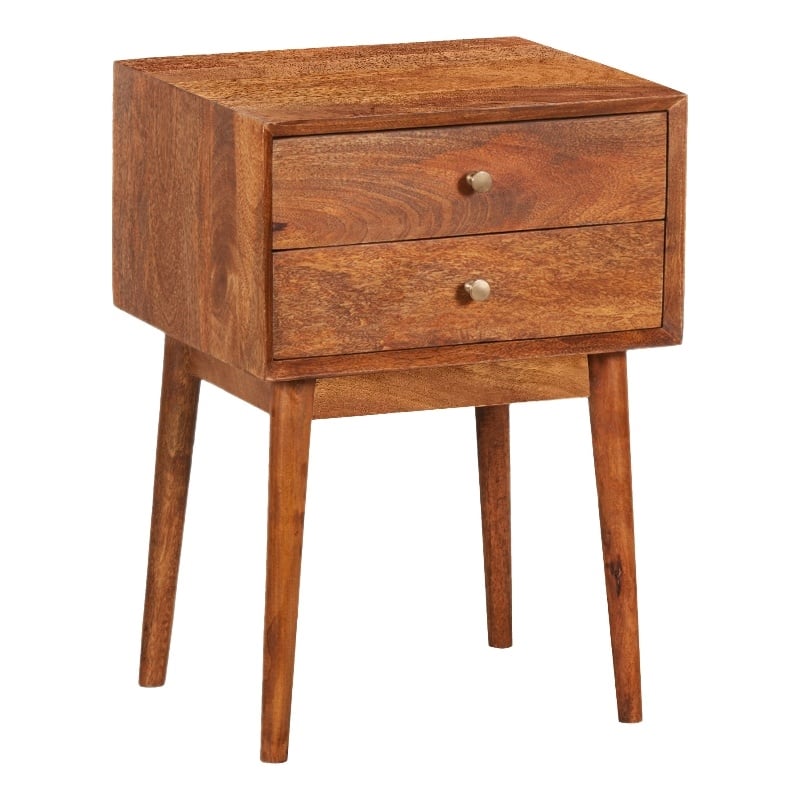 Nali Bedside Nightstand Table- 2 Drawers- Natural Brown Mango Wood- Brass Knobs