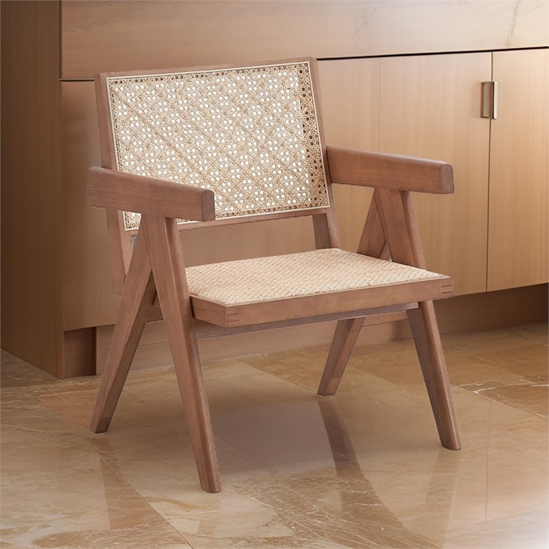 Tina 26 Inch Accent Armchair-Woven Rattan-Natural Brown Wood Finish