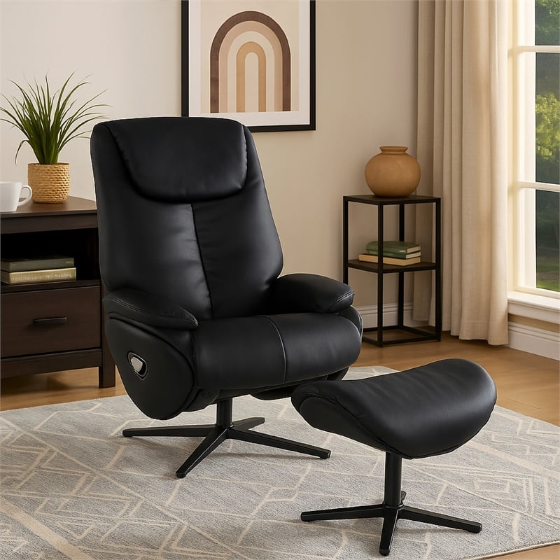 Nita Swivel Accent Chair with Ottoman-Plush Black Top Grain Leather