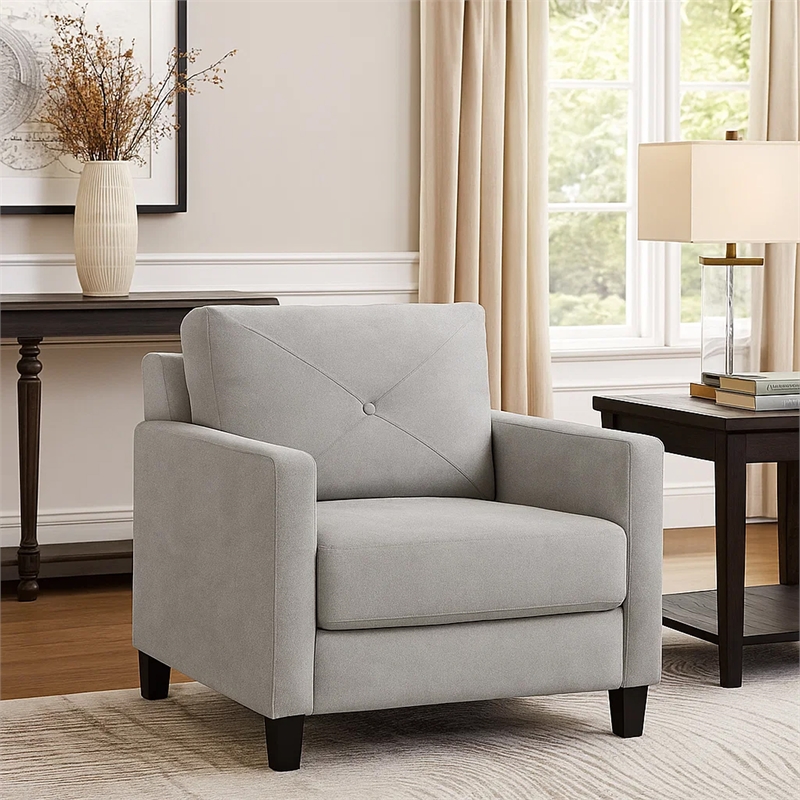 Royi Accent Chair-Track Armrest-Gray Fabric Seat w Tufted Backrest