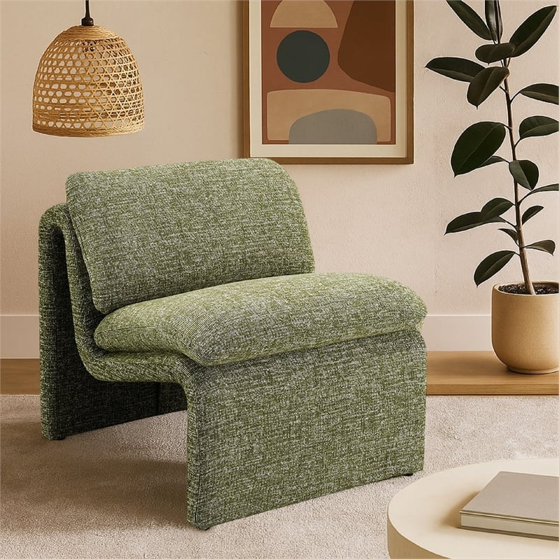 Kami Accent Chair-Curved Open Base-Armless Modern Green Boucle