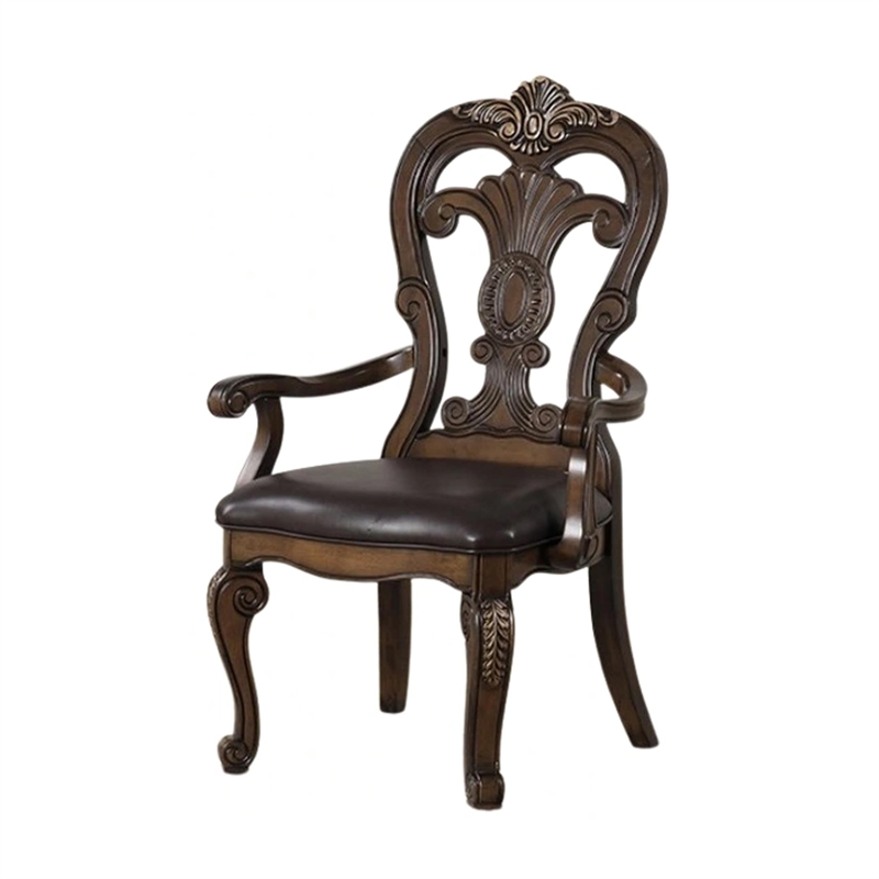 Leova Armchair Set of 2-Ornate Corbels-Dark Brown Wood-Faux Leather