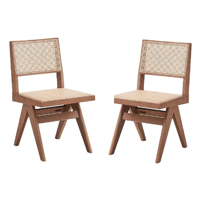 Tina 22 Inch Side Dining Chair Set of 2-Woven Rattan-Natural Brown Wood
