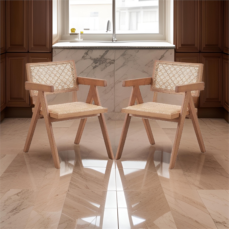 Tina 22 Inch Dining Armchair Set of 2-Woven Rattan-Natural Brown Wood