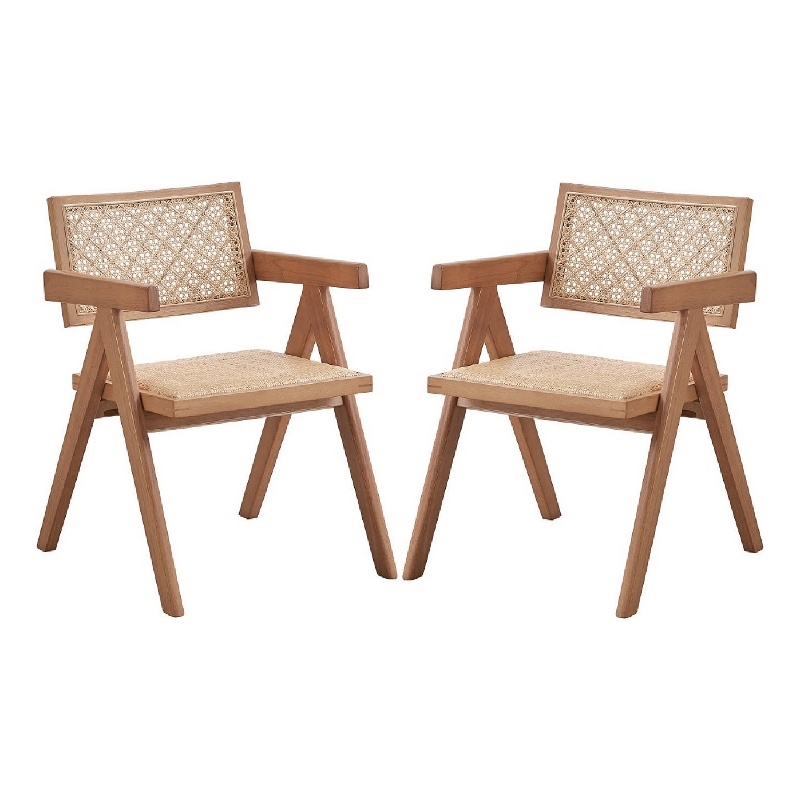 Tina 22 Inch Dining Armchair Set of 2-Woven Rattan-Natural Brown Wood
