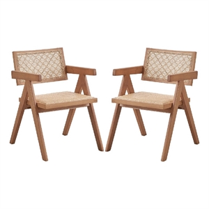 Tina 22 Inch Dining Armchair Set of 2-Woven Rattan-Natural Brown Wood