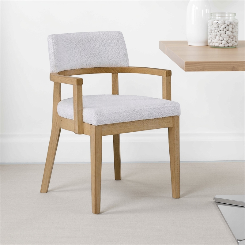 Semi Dining Armchair Set of 2-Curved Cutout Back-White Fabric-Brown