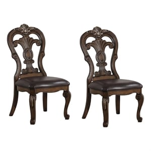 Leova Side Dining Chair Set of 2-Carved Corbels-Gold Tip Crown-Brown Wood
