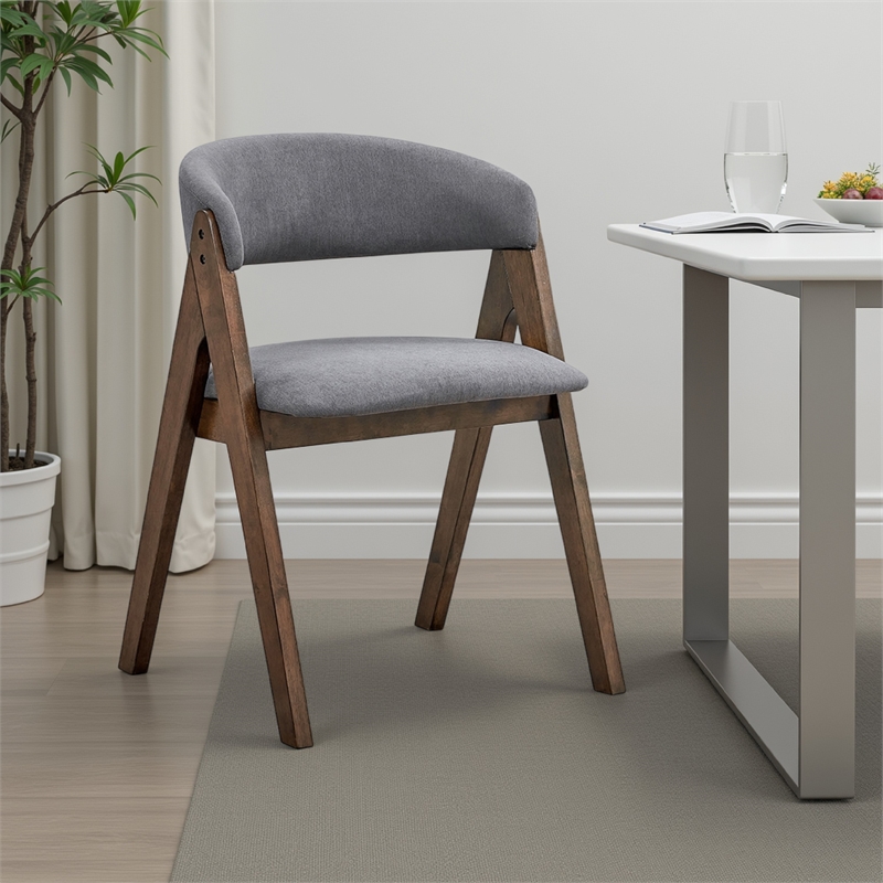 Koko Side Dining Chair Set of 2-Gray Padded Seat and Back-Brown Wood