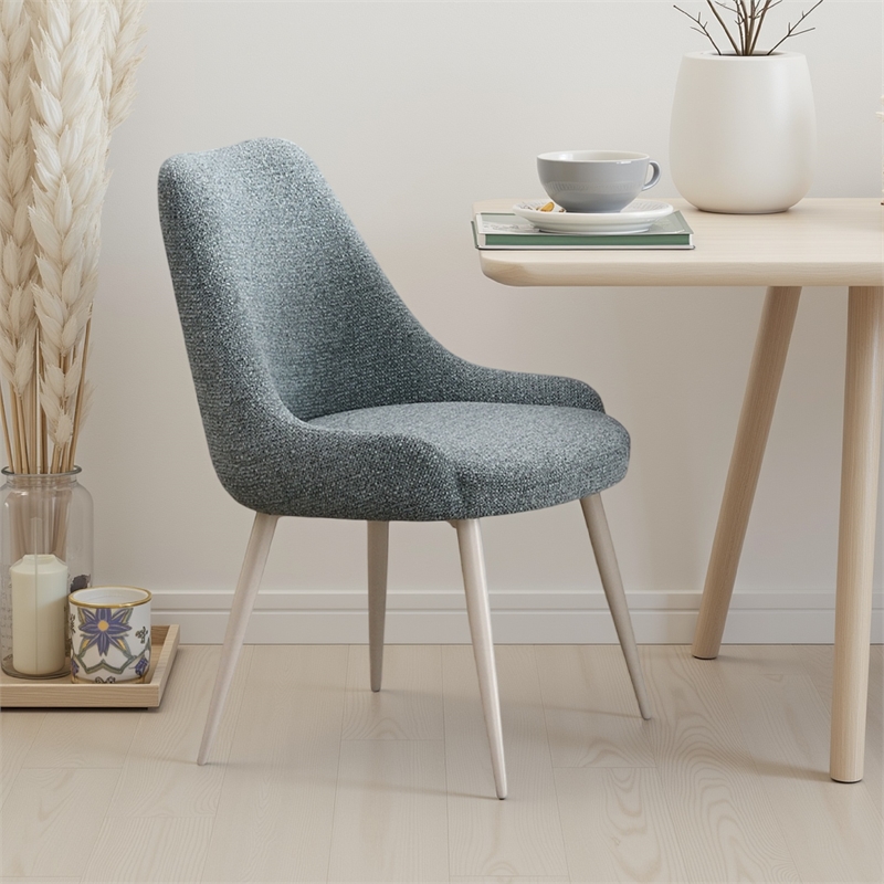 Aela Side Dining Chair Set of 2-Light Blue Boucle-Bone White Metal