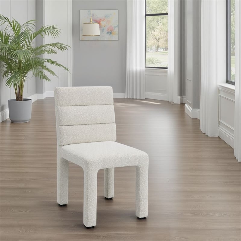 Side Dining Chair Set of 2-Plush White Boucle Seat-Tufted Backrest