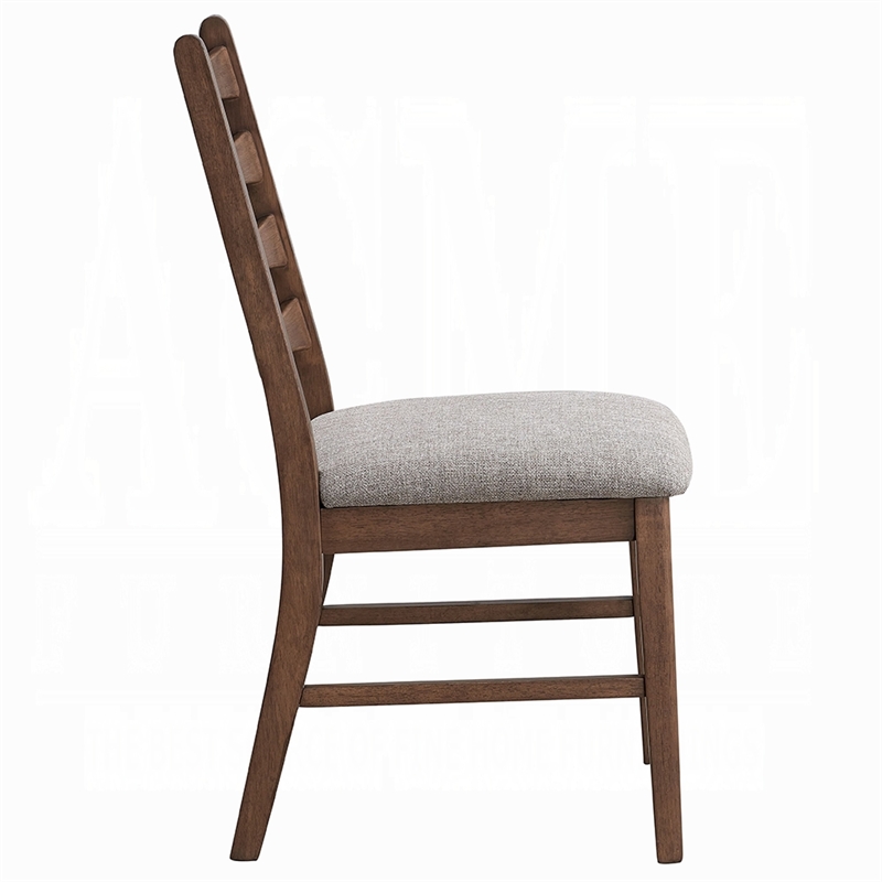 Mea Dining Side Chair Set of 2-Slatted Back-Gray Linen Seat-Brown