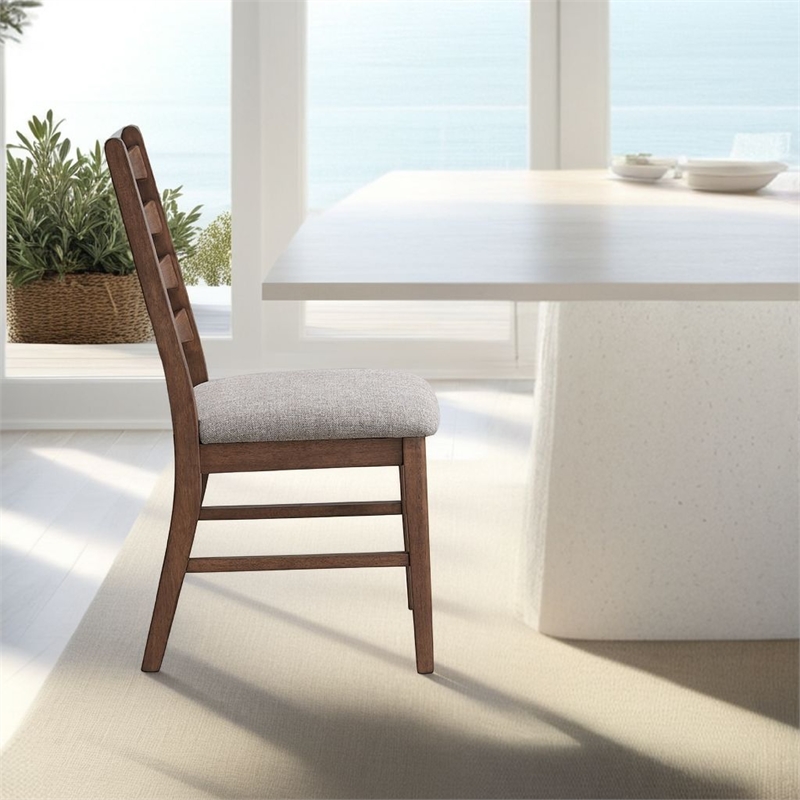 Mea Dining Side Chair Set of 2-Slatted Back-Gray Linen Seat-Brown