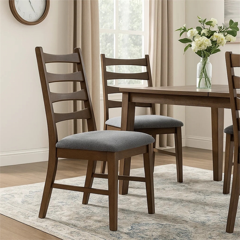 Mea Dining Side Chair Set of 2-Slatted-Dark Gray Linen Seat-Brown