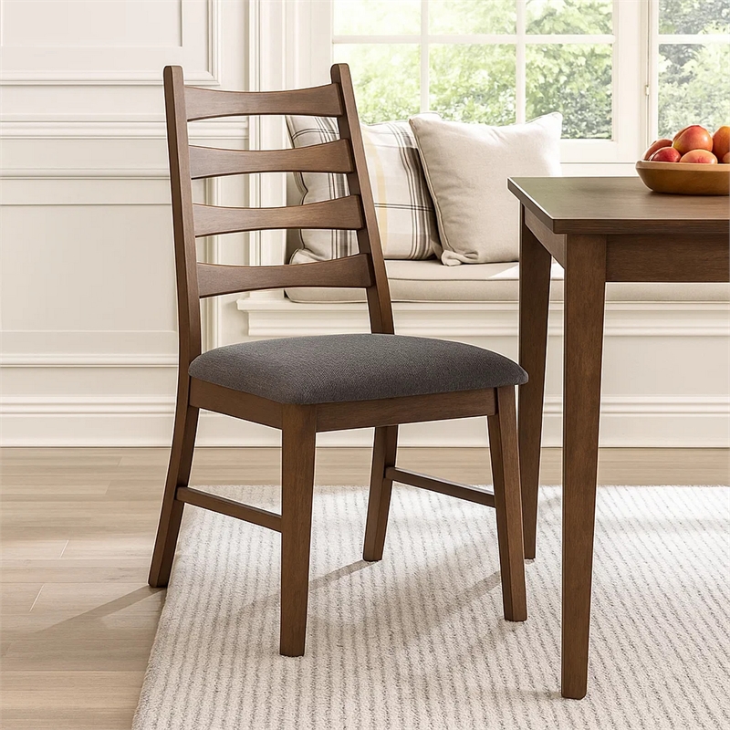 Mea Dining Side Chair Set of 2-Slatted-Dark Gray Linen Seat-Brown