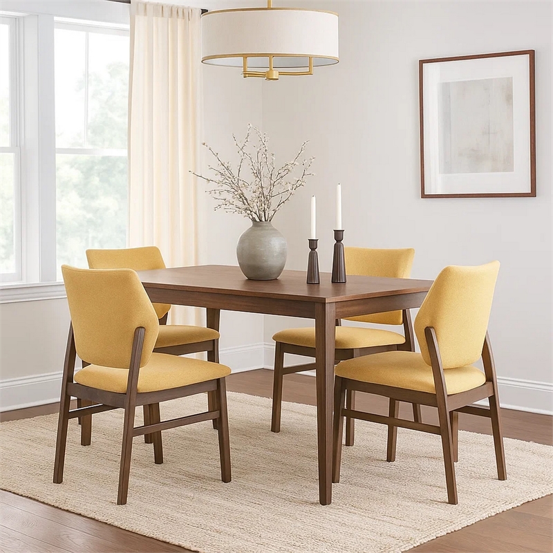Nory Dining Side Chair Set of 2-Yellow Linen Cushioned-Walnut Brown