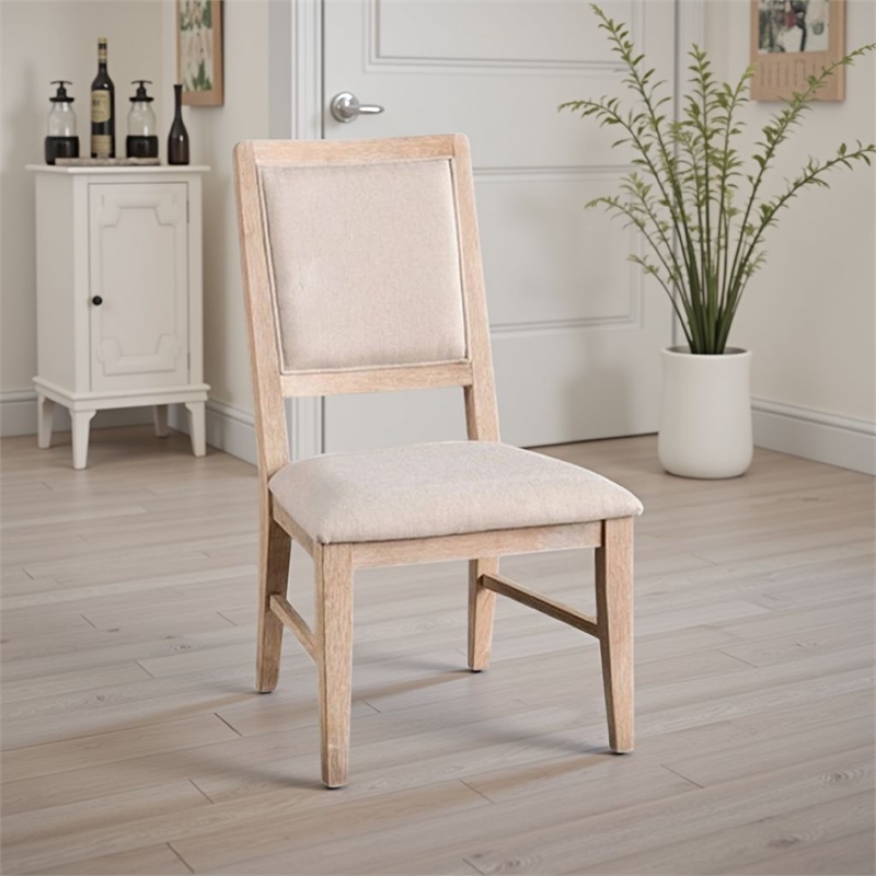 Ellon Side Dining Chair Set of 2-Distressed Natural Brown Wood-Beige Fabric