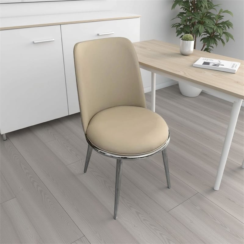 Relli Side Dining Chair Set of 2-Silver Metal-Taupe Faux Leather Round Seats