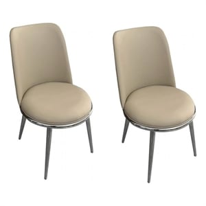 Relli Side Dining Chair Set of 2-Silver Metal-Taupe Faux Leather Round Seats