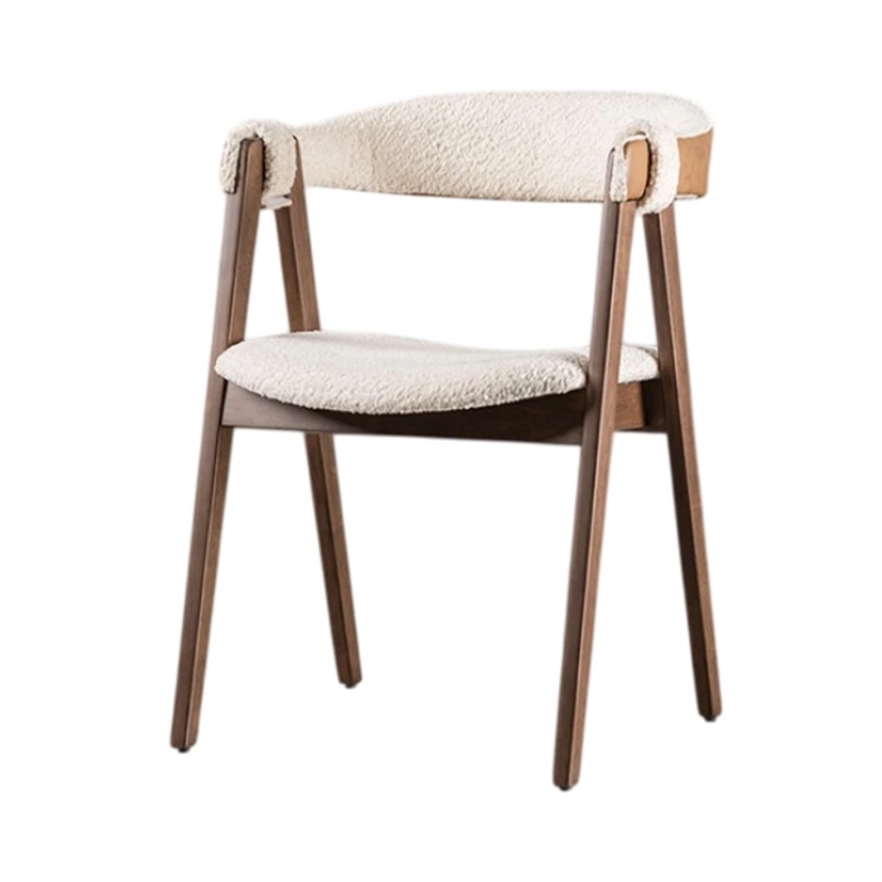 Ebik Side Dining Chair Set of 2-Curve Panel Back-Walnut Brown Wood-Beige Boucle