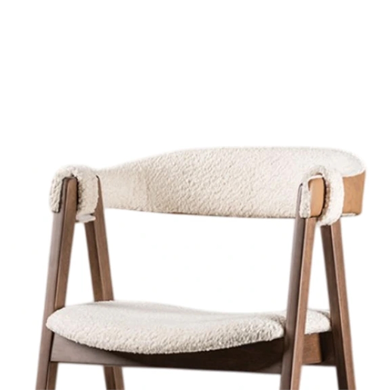 Ebik Side Dining Chair Set of 2-Curve Panel Back-Walnut Brown Wood-Beige Boucle