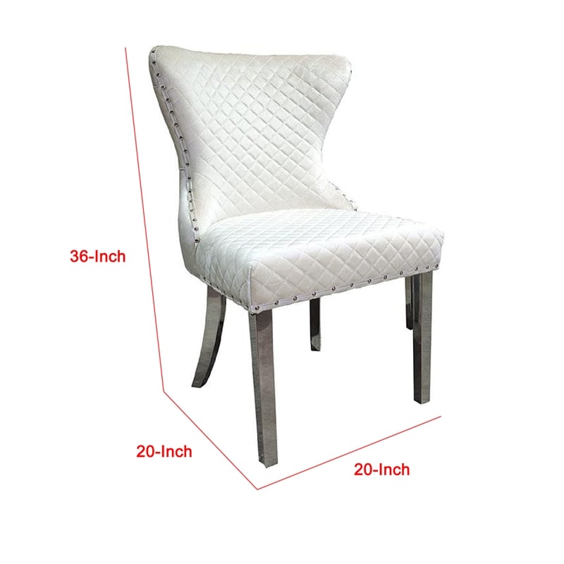 Anova Side Dining Chair Set of 2-Rivet Trim-Silver Stainless Steel-White Fabric