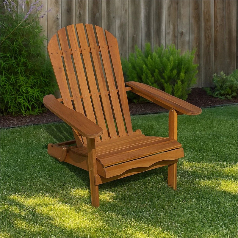 Geli Outdoor Adirondack Chair-Slatted Back-Natural Brown Wood