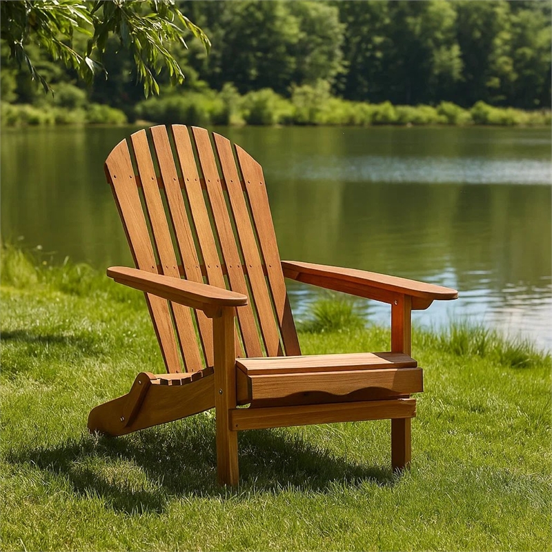 Geli Outdoor Adirondack Chair-Slatted Back-Natural Brown Wood