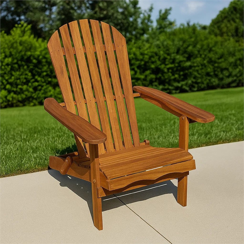 Geli Outdoor Adirondack Chair-Slatted Back-Natural Brown Wood