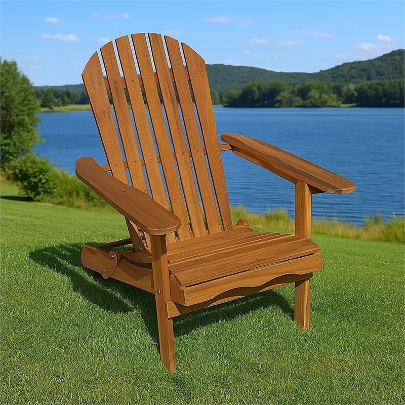 Geli Outdoor Adirondack Chair-Slatted Back-Natural Brown Wood