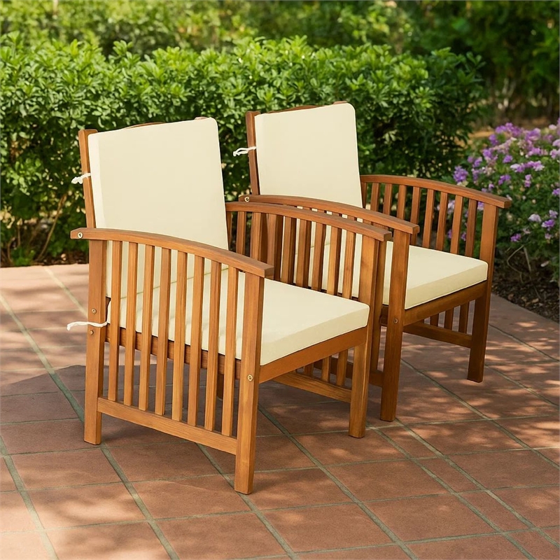 Kaila Outdoor Armchair Set of 2-Beige Cushions-Natural Brown Wood