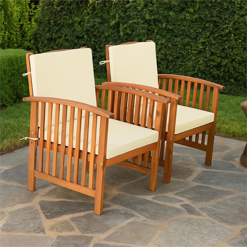 Kaila Outdoor Armchair Set of 2-Beige Cushions-Natural Brown Wood