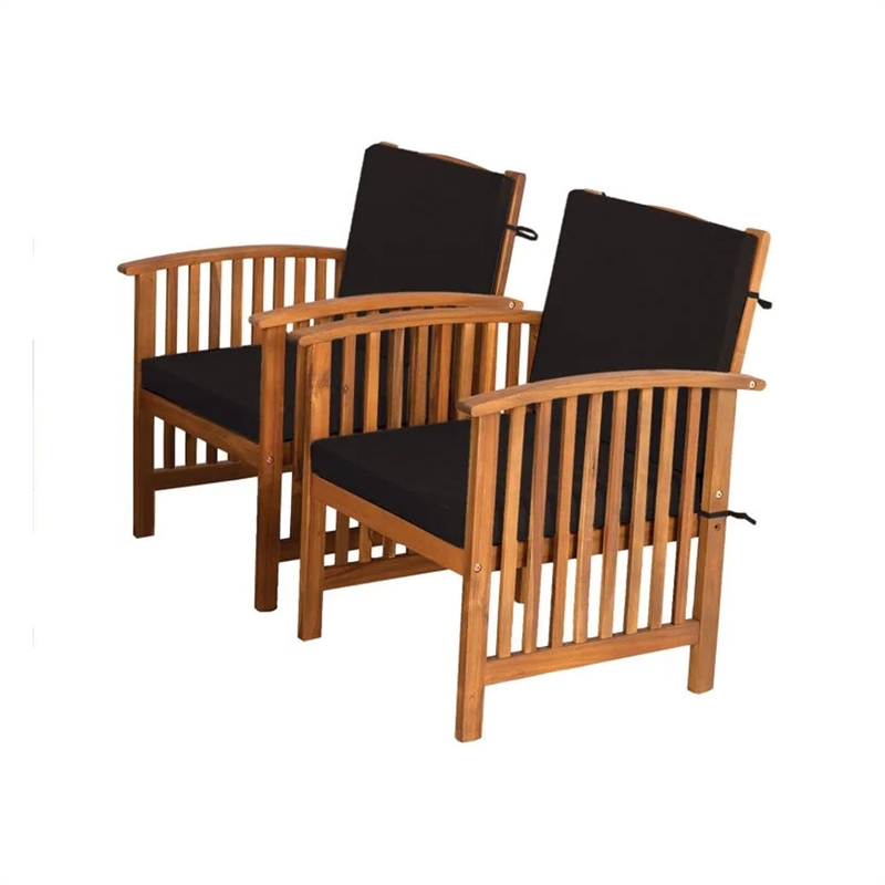 Kaila Outdoor Armchair Set of 2-Black Cushions-Natural Brown Wood