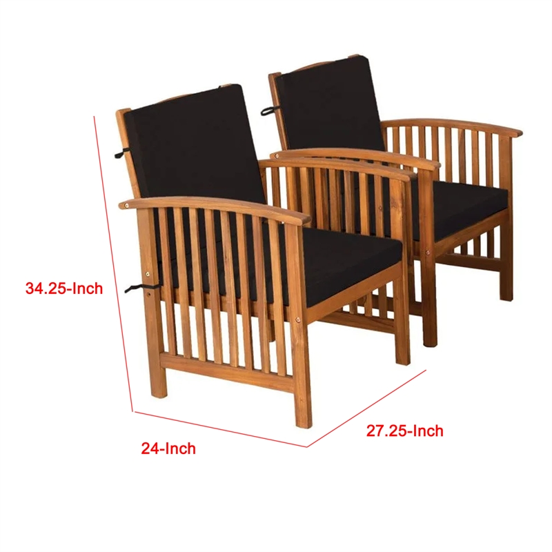 Kaila Outdoor Armchair Set of 2-Black Cushions-Natural Brown Wood