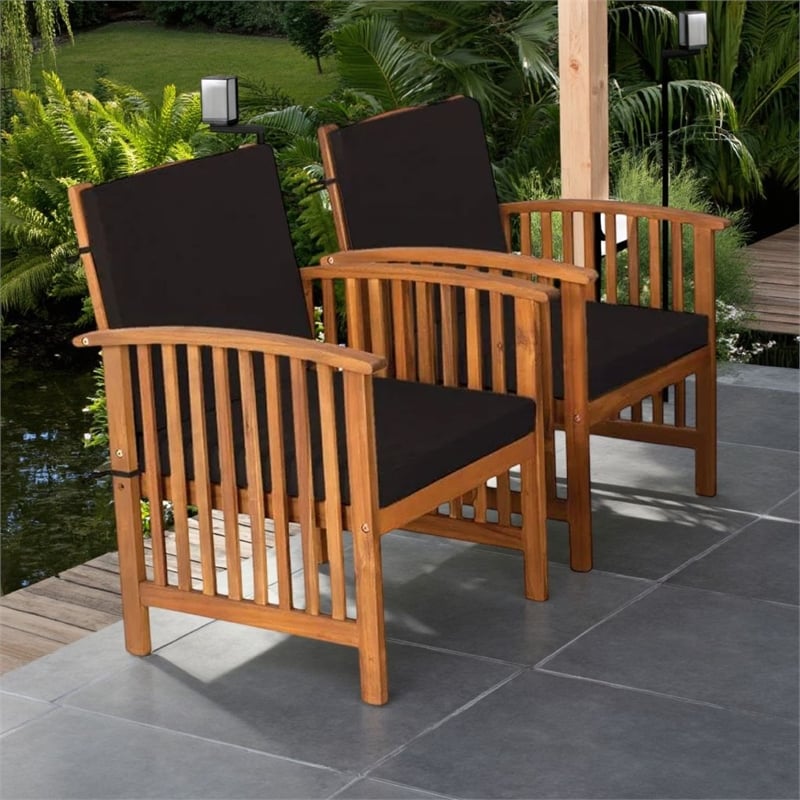 Kaila Outdoor Armchair Set of 2-Black Cushions-Natural Brown Wood