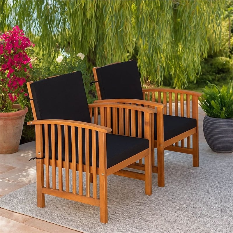 Kaila Outdoor Armchair Set of 2-Black Cushions-Natural Brown Wood