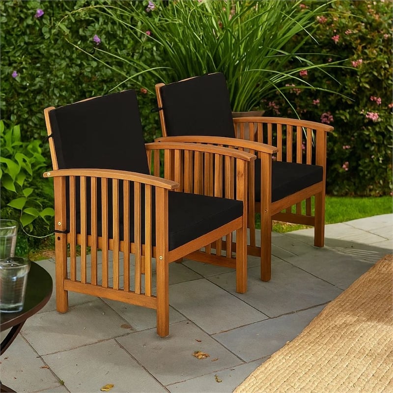 Kaila Outdoor Armchair Set of 2-Black Cushions-Natural Brown Wood