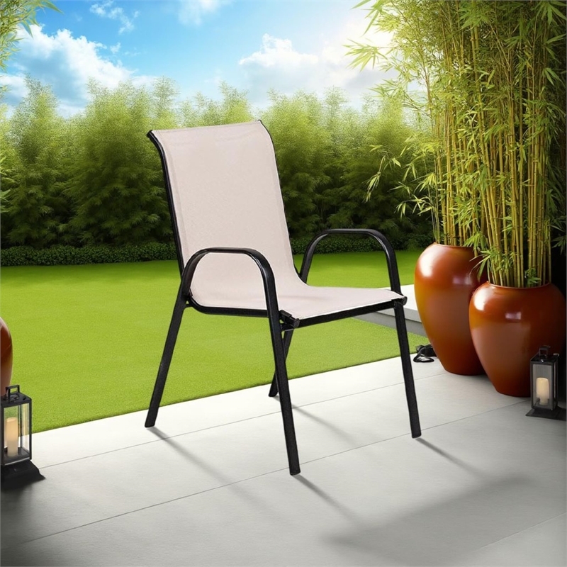 Feli Outdoor Stacking Chair Set of 2-Beige Mesh Fabric-Black Metal