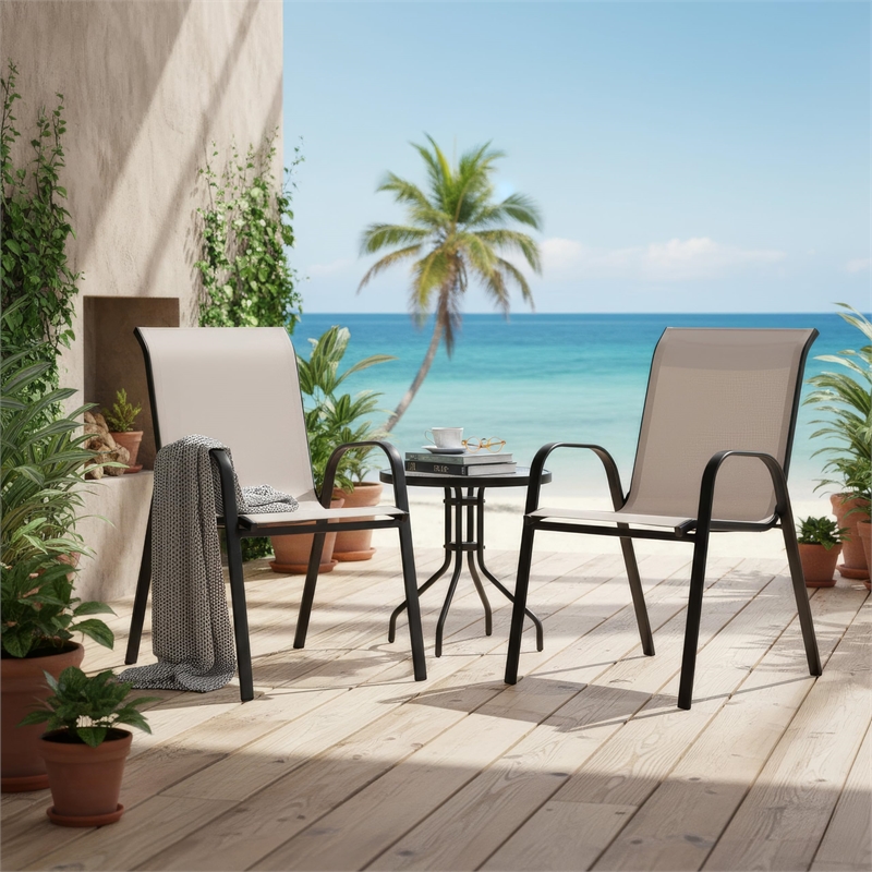 Feli Outdoor Stacking Chair Set of 2-Beige Mesh Fabric-Black Metal
