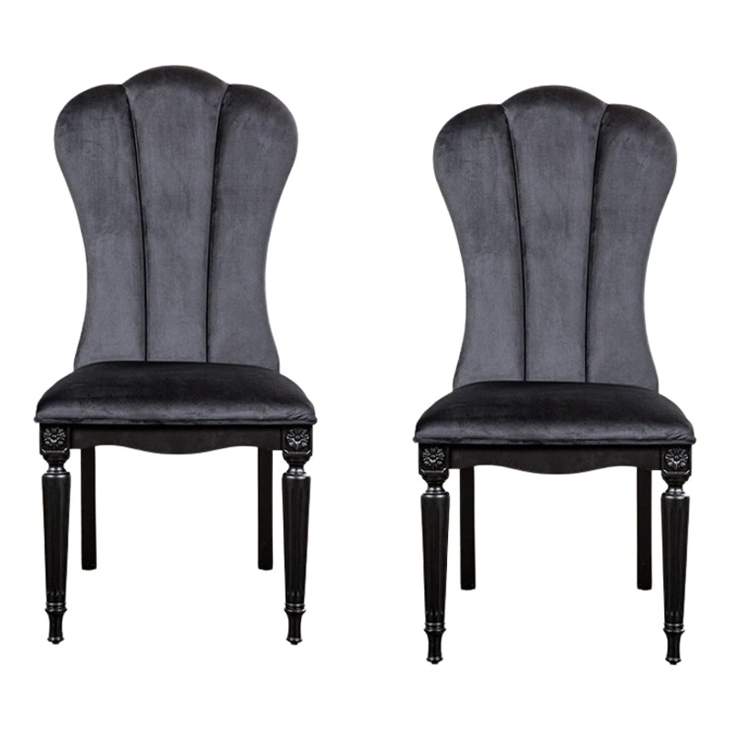 Hixe Side Dining Chair Set of 2-Scalloped-Turned Fluted Wood Legs-Black