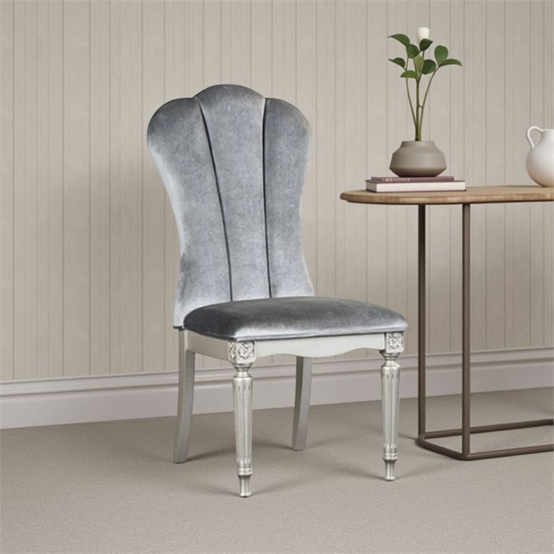 Hixe Side Dining Chair Set of 2-Silver Wood-Gray Fabric Cushioned Seats