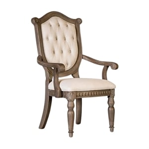 Hama Dining Armchair Set of 2-Weathered Oak Wood-Tufted Beige Fabric