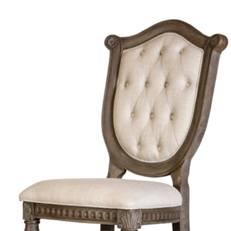Hama Side Dining Chair Set of 2-Weathered Oak Wood-Tufted Beige Fabric