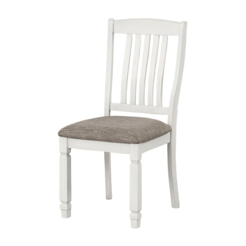 Dola Side Dining Chair Set of 2-Rustic White Wood-Gray Fabric-Slat Back