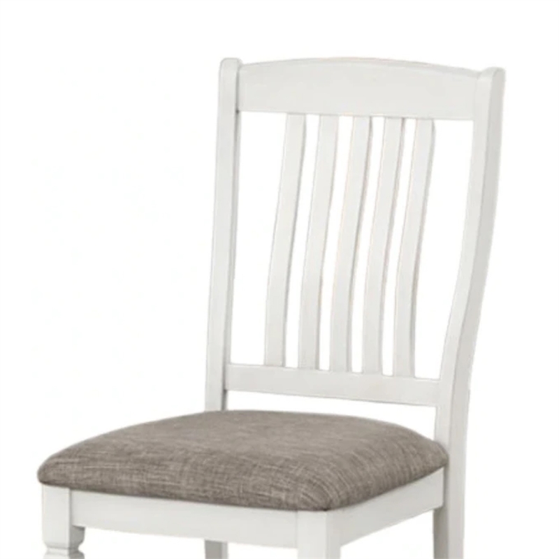 Dola Side Dining Chair Set of 2-Rustic White Wood-Gray Fabric-Slat Back